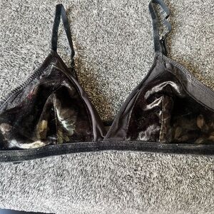 Black Velvet Bralette with Green Floral Detail – Chic & Elegant